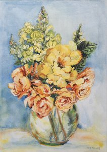 Żółte róże i antyrrhinum, 2001, (wc na papierze czerpanym) autorstwa Joan Thewsey