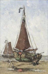 Łódka rybacka z łukiem urwistym na plaży autorstwa Joannes Barnardus Antonius Maria Westerwoudt