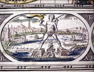 Reprezentacja siedmiu cudów starożytności: Kolos Rodyjski. w Atlasie Janssona Jannsoniusa wydrukowanym w Amsterdamie w 1630 r. Zbiory prywatne.