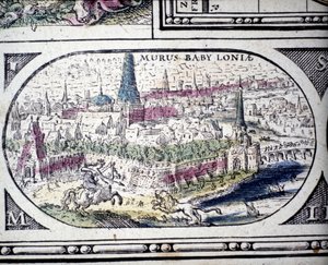 Reprezentacja Siedmiu Cudów Starożytności: Ogrody Babilonu. w Atlasie Janssona Jannsoniusa wydrukowanym w Amsterdamie w 1630 r.