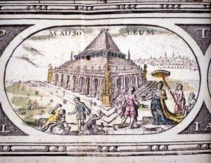 Reprezentacja Siedmiu Cudów Starożytności: Mauzoleum Halikarnasu. w Atlasie Janssona Jannsoniusa wydrukowanym w Amsterdamie w 1630 r. Zbiory prywatne.