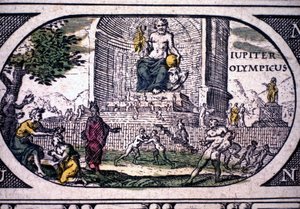 Przedstawienie siedmiu cudów starożytności: posąg Jowisza (Zeusa) autorstwa Fidiasza - w "Atlasie" Janssona Jannsoniusa, wydrukowany w Amsterdamie w 1630 r.