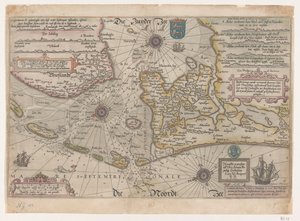 Mapa Vlie i Marsdiep Opishe vande vermaerde stroemen, Tvlie i Tmaersdiep, upstreckende W Zuijder Zee popłynął w Enchuijsen do Amstelredam, ze wszystkimi płytami piasku i płytkimi na sobie stroemen gheleghen (tytuł na obiekcie)