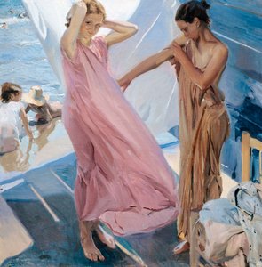 ""Apres le bain"" (Po kąpieli) dwie młode dziewczyny przebierają się po kąpieli w morzu Obraz Joaquina Sorolla y Bastida (1863-1923) - 1909 - Olej na płótnie - Museo Sorolla Madrid