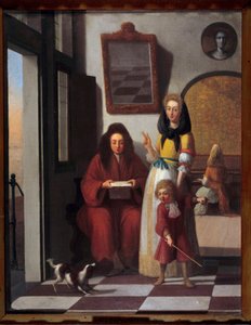 Scena gatunkowa Rodzina we wnętrzu. Matka trzyma syna bawiącego się z psem. Obraz Job Berckheyde (1630-1696) XVII-wieczny Awinion, Calvet Museum