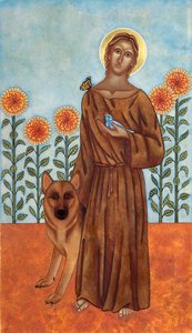 Święty Franciszek i wilk z Gubbio, 2009 (tempera jajowa i 24-karatowe złoto na drewnie) autorstwa Jodi Simmons