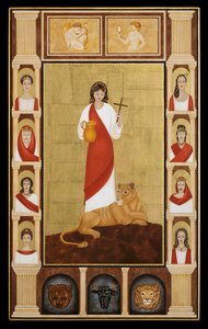 Saint Thecla, 2014 (tempera jajowa i 24-karatowe złoto na drewnie) autorstwa Jodi Simmons