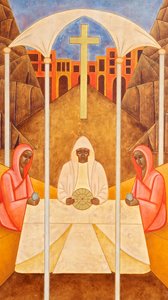 Wieczerza w Emaus, 2011 (tempera jajowa i 24-karatowe złoto na drewnie) autorstwa Jodi Simmons