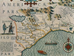 Wybrzeże Karoliny Północnej, szczegół mapy zatytułowanej Virginiae item et Floridae z Atlasu Mercatora... z 1606 r., wyd. przez Jodocus Hondius, 1619 r. rycina ręcznie kolorowana patrz także 66818, 81957 & 81958