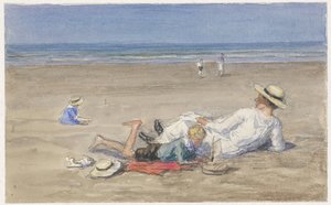 Odpoczywająca niania z dwójką dzieci na plaży?