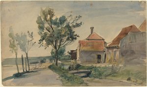 Strumień płynący między domami a drogą autorstwa Johan Barthold Jongkind