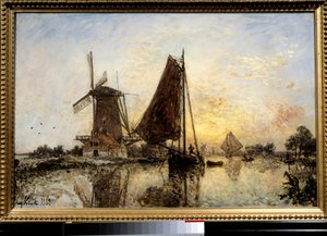 Holenderski krajobraz, łodzie w pobliżu młyna Obraz Jeana Bartholda Jongkinda (1819-1891) 1868 nd. 0,52x0,81 m Paryż, Musee d