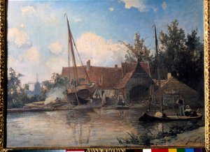 Holenderski pejzaż z uszczelnieniem dużej łodzi Obraz Jeana Bartholda Jongkinda (1819-1891) 1857 nd. 0,42x0,56 m² autorstwa Johan Barthold Jongkind
