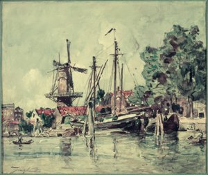 W Holandii łodzie w pobliżu młyna autorstwa Johan Barthold Jongkind