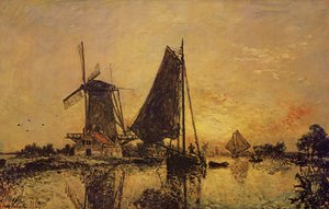 W Holandii, łodzie w pobliżu wiatraka, 1868 autorstwa Johan Barthold Jongkind