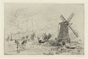 Krajobraz z wiatrakami i łyżwiarzami Batavia autorstwa Johan Barthold Jongkind