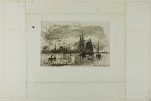 Zachodzące słońce, port w Antwerpii autorstwa Johan Barthold Jongkind