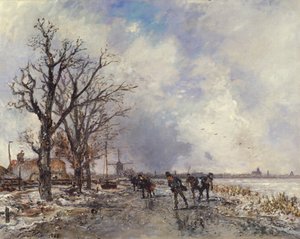Łyżwiarze na rzece Schie, niedaleko Rotterdamu, 1866 autorstwa Johan Barthold Jongkind