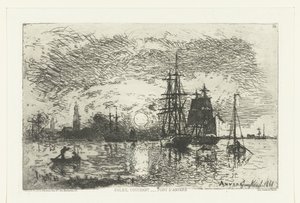Zachód słońca w porcie w Antwerpii Soleil couchant - Port d