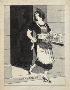 Projekt do ilustracji w De Amsterdammer: Holenderska Dziewica jako pokojówka z tacą kieliszków potyka się na schodach wyborczych (17 maja 1924)