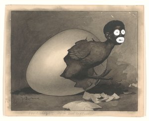 Projekt do ilustracji w De Amsterdammer: czarny mężczyzna wykluwa się z jajka (19 kwietnia 1930)