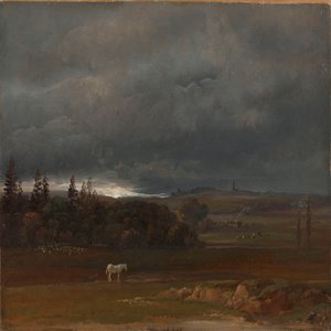 Pole pod Dreznem z białym koniem autorstwa Johan Christian Dahl