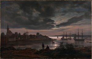 Norwegia:  Port Larvik w świetle księżyca Larvik by Moonlight autorstwa Johan Christian Dahl