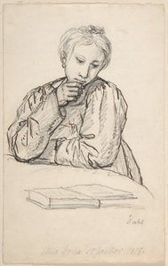 Portret Eline Marie Heger jako dziecka, opartej o stół i patrzącej na książkę autorstwa Johan Christian Dahl