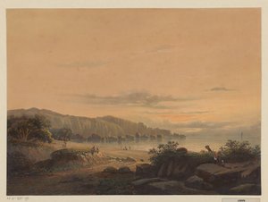 Widok na zatokę w Javie Mała zatoka Srigonjo, South K. v. Java (Regency Malang, rezydentur Passarouang.) (tytuł na obiekcie) autorstwa Johan Conrad Greive