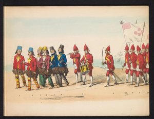 Maskarada studentów Delft, 1857 (tablica 1) Procesja kostiumowa prowadzona przez członków korpusu studenckiego Delft w dniu 5 maja 1857 r., przedstawiająca procesję Garebeg sułtana Djokjokarty oraz najbardziej charakterystyczne typy z Holandii.