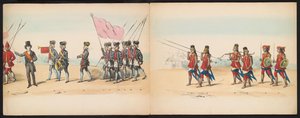 Maskarada studentów Delft, 1857 (tablica 2) Procesja kostiumowa prowadzona przez członków korpusu studenckiego Delft w dniu 5 maja 1857 r., przedstawiająca procesję Garebeg sułtana Djokjokarty oraz najbardziej charakterystyczne typy z Holandii.