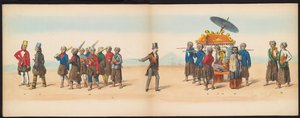 Maskarada studentów Delft, 1857 (tablica 5) Procesja kostiumowa prowadzona przez członków korpusu studenckiego Delft w dniu 5 maja 1857 r. Przedstawiająca procesję Garebeg sułtana Djokjokarty oraz najbardziej charakterystyczne typy z Holandii.