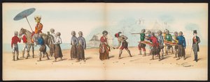 Maskarada studentów Delft, 1857 (tablica 6) Procesja kostiumowa prowadzona przez członków korpusu studenckiego Delft w dniu 5 maja 1857 r., przedstawiająca procesję Garebeg sułtana Djokjokarty oraz najbardziej charakterystyczne typy z Holandii.