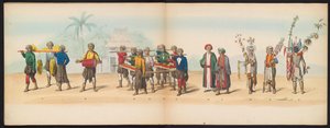 Maskarada studentów Delft, 1857 (tablica 7) Procesja kostiumowa prowadzona przez członków korpusu studenckiego Delft w dniu 5 maja 1857 r., przedstawiająca procesję Garebeg sułtana Djokjokarty oraz najbardziej charakterystyczne typy z Holandii.
