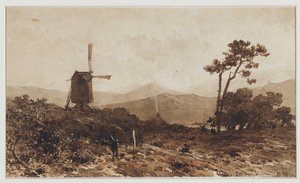 Pagórkowaty krajobraz z młynem po lewej stronie autorstwa Johan Hendrik Weissenbruch