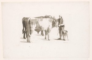 Mężczyzna i pies obok dwóch wołów z jarzmem autorstwa Johan Jakob Biedermann