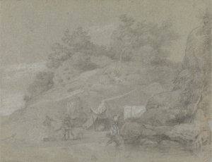 Rzeka na skalistym brzegu z postaciami, prawdopodobnie w Indiach autorstwa Johan Joseph Zoffany