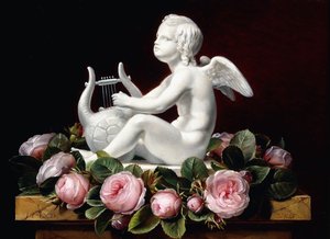 Girlanda z różowych róż wokół Kupidyna grającego na lirze na marmurowej półce, 1841