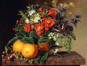 Pomarańcze, jeżyny i wazon z kwiatami na półce, 1834