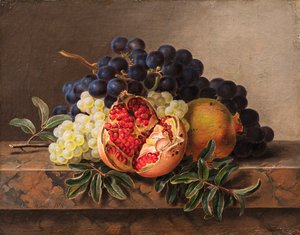Granaty i zielone i niebieskie winogrona na marmurowej ramie, 1833 r.
