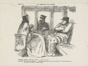 Karykatura wielu wypadków na Rhijnspoorweg, 1866 r. Z Amsterdamu do Arnhem (tytuł na obiekcie)