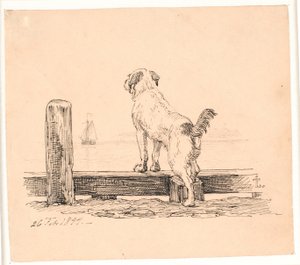 Pies na plaży. Ilustracja do "Bajek dla dzieci" Kaalunda. Zobacz komentarz z katalogu arkuszy. autorstwa Johan Thomas Lundbye