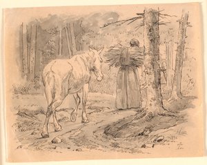 Żona i koń. Ilustracja do "Bajek dla dzieci" Kaalunda. Zobacz komentarz z katalogu arkuszy. autorstwa Johan Thomas Lundbye