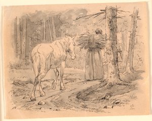 Żona i koń. Ilustracja do "Bajek dla dzieci" Kaalunda. Zobacz komentarz z katalogu arkuszy. autorstwa Johan Thomas Lundbye
