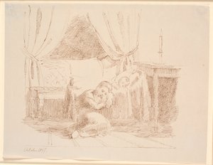 Wnętrze sypialni z małą dziewczynką siedzącą na podłodze i śpiącą, opartą o kołyskę ze śpiącym dzieckiem autorstwa Johan Thomas Lundbye