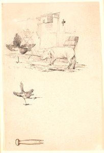 Bocian i świnia. Poniżej studium uszkodzenia i kawałek narzędzia. Ilustracja do "Bajek dla dzieci" Kaalunda. Zobacz komentarz z katalogu arkuszy. autorstwa Johan Thomas Lundbye