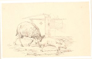 Baran i świnia. Ilustracja do "Bajek dla dzieci" Kaalunda. Zobacz komentarz z katalogu arkuszy. autorstwa Johan Thomas Lundbye