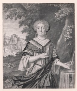 Portret kobiety przy fontannie z różą w dłoni autorstwa Johan Thopas
