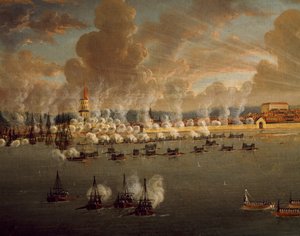 Szwedzka flota Gustawa III oblegająca Frederikshavn, 20 maja 1790, Johan Tietrich Schoultz (1754-1807), wojny rosyjsko-szwedzkie, duński