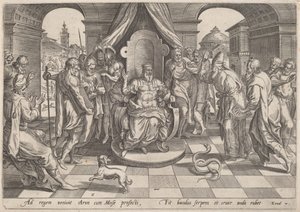 Mojżesz i Aaron przed faraonem autorstwa Johan Wierix, after Maarten van Cleef